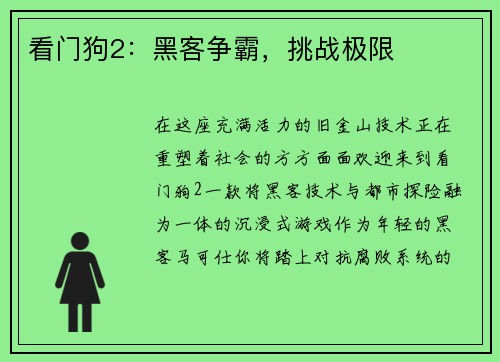 看门狗2：黑客争霸，挑战极限